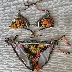 Trina Turk Black Floral Print Tie Bikini